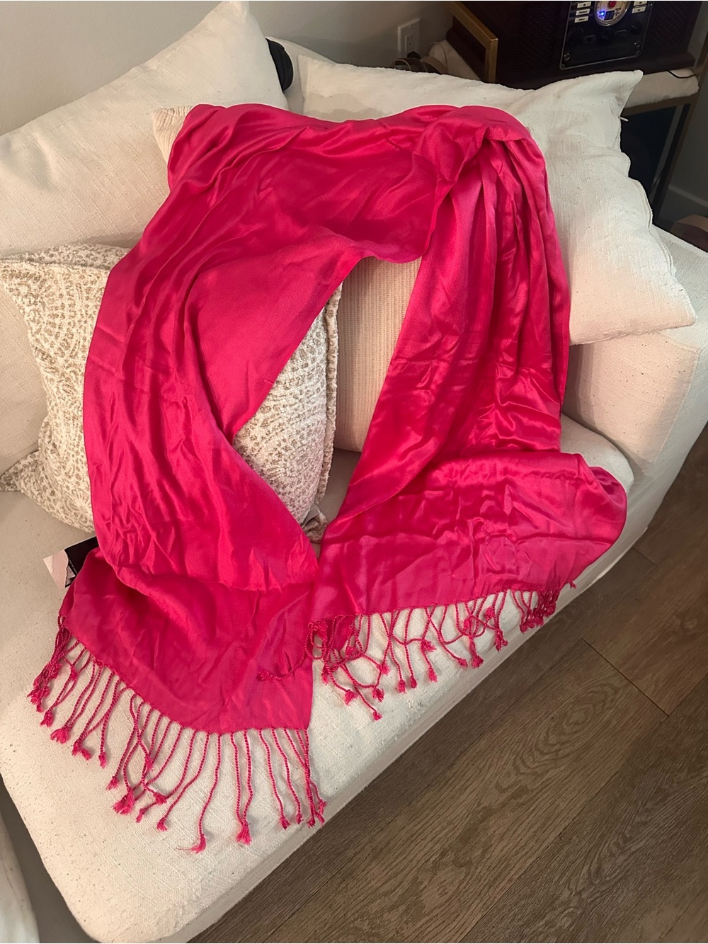 Nine West Vibrant Hot Pink Fringed Satin Scarf